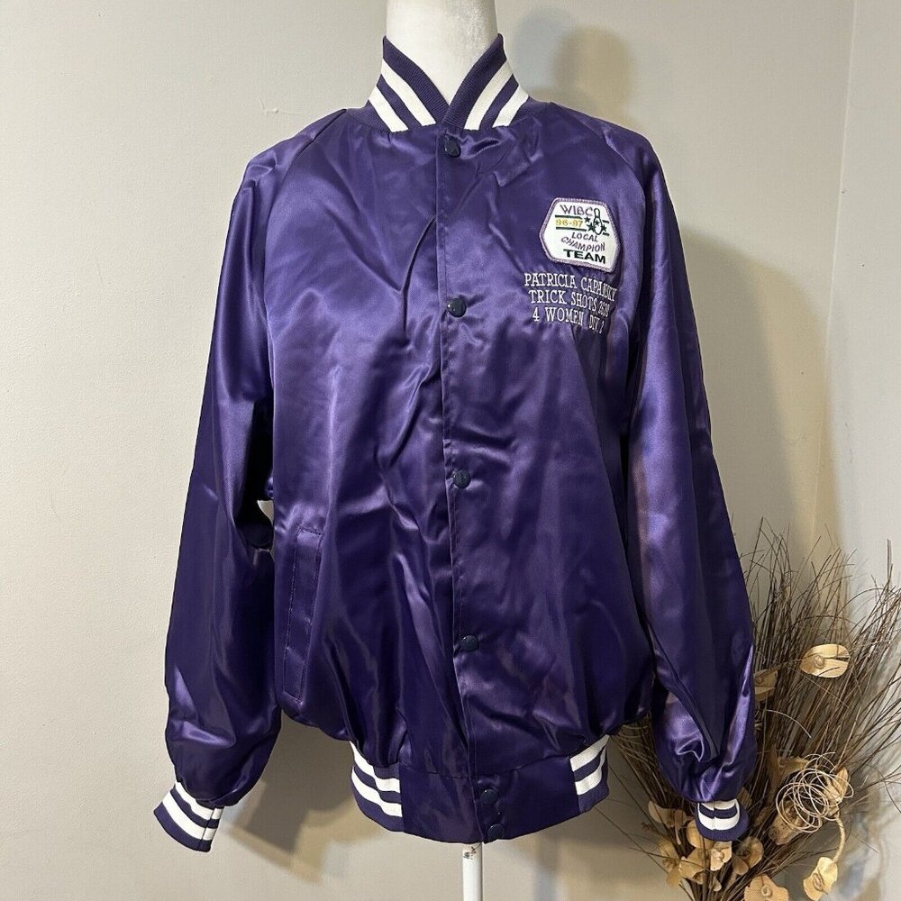 Vtg Westark Women WIBC Purple Satin Long Sleeve Bomber Jacket Sz XL Made In USA